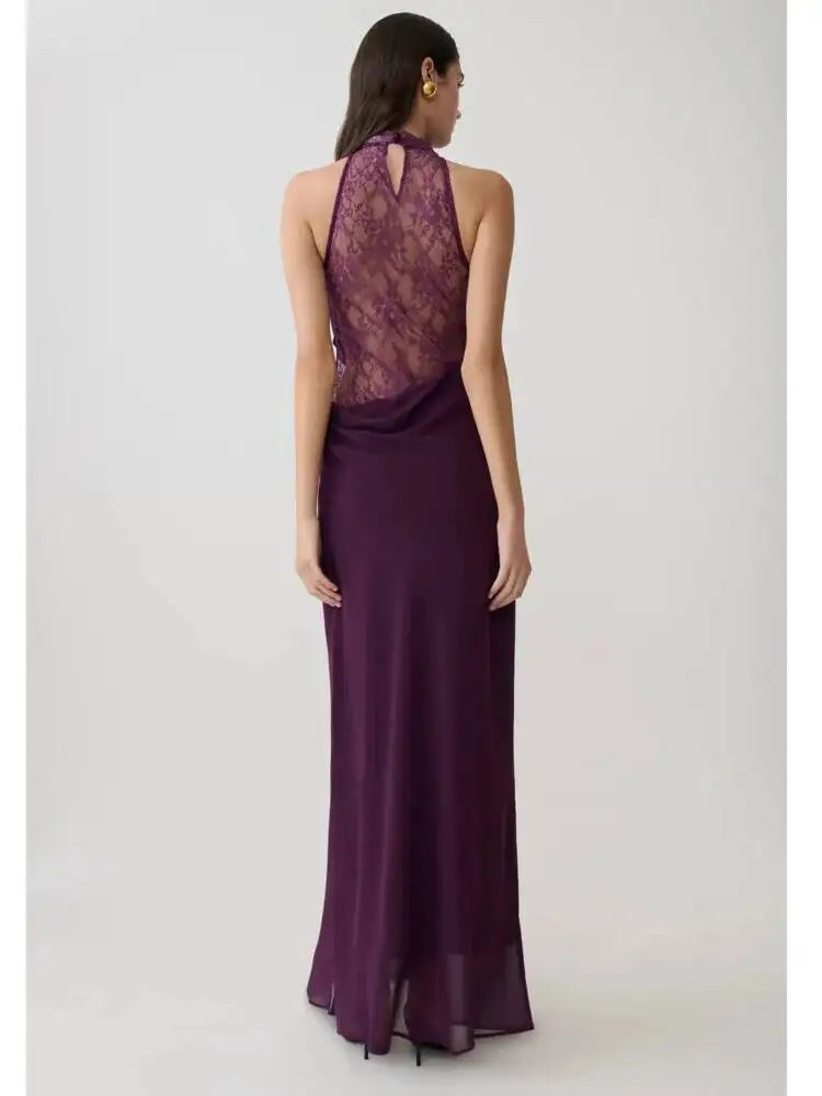 Elegant Halter Neck Sleeveless Lace Spliced Slim Fit Dresses