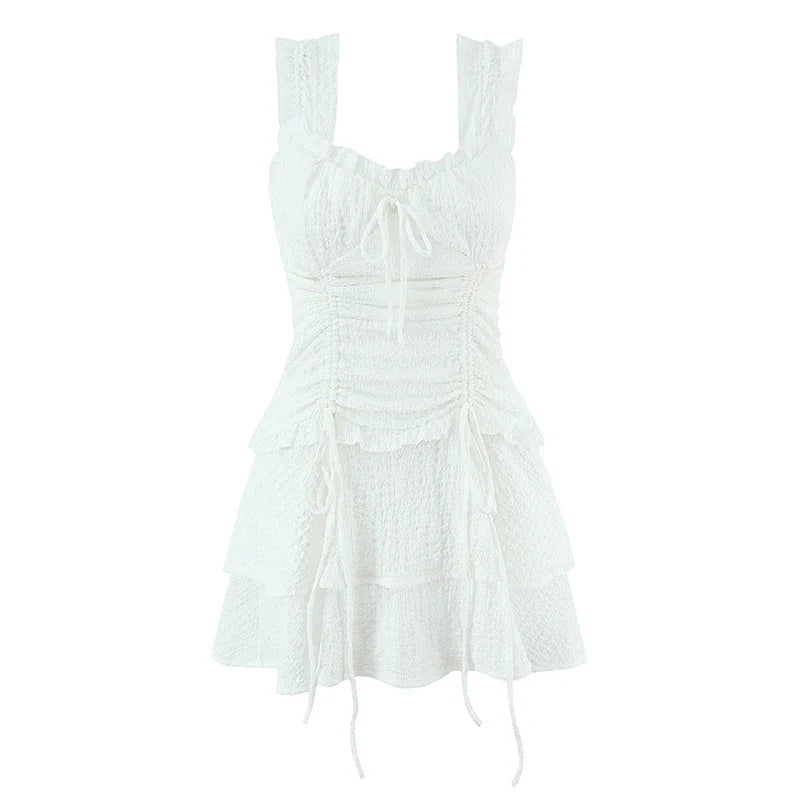 Summer French Style White Textured Ruched Tie Waist Mini Dresses