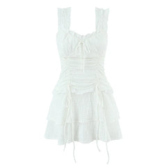 Summer French Style White Textured Ruched Tie Waist Mini Dresses