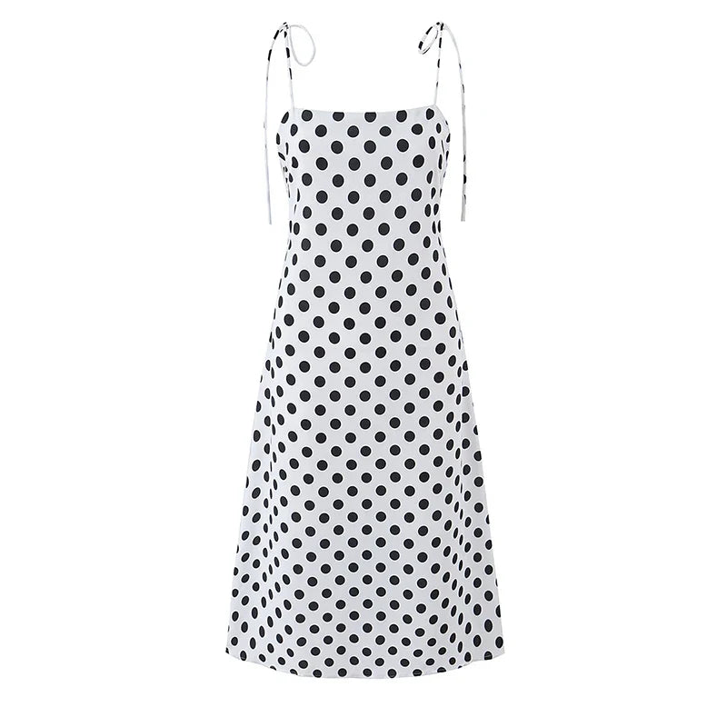 French Vacation Style Versatile White Polka Dot Spaghetti Tie Strap A-line Midi Dresses