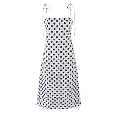 French Vacation Style Versatile White Polka Dot Spaghetti Tie Strap A-line Midi Dresses