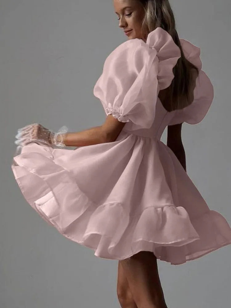 Sweet Square Neck Bubble Sleeve Backless A-line Dresses