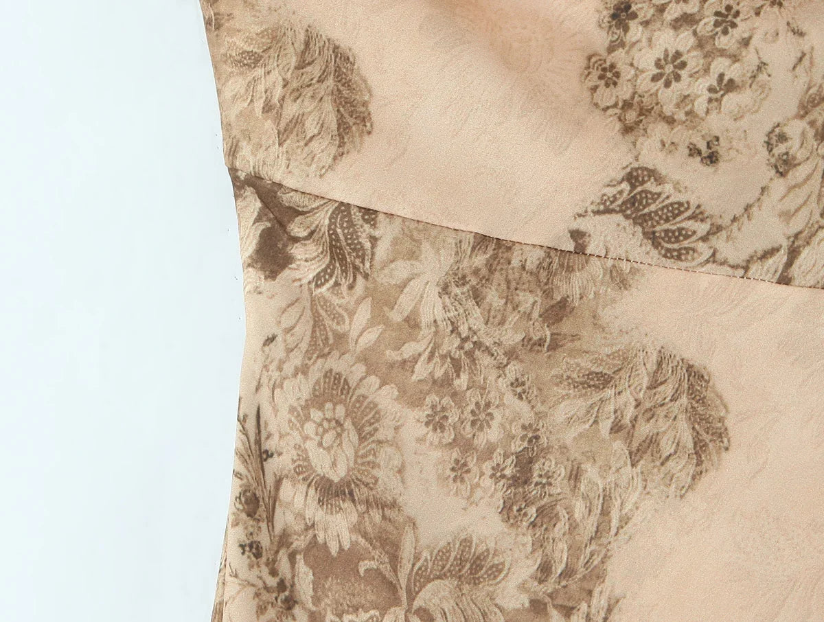 Elegant Golden Printed Satin Spaghetti Strap Maxi Dresses