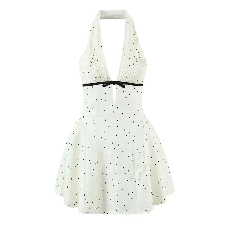 French Style Sexy Spicy Girls Halter Mini Dresses Polka Dot Deep V Backless A-line Summer Dresses