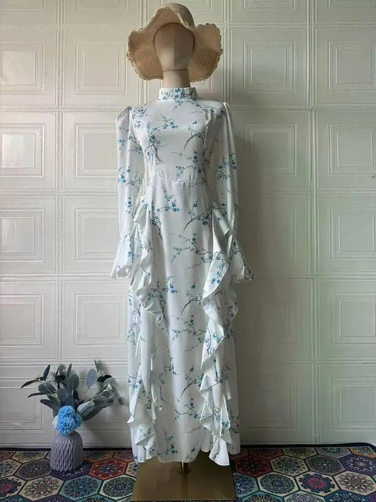 Temperament Print High Neck Flared Sleeve Waist Slimming Dresses