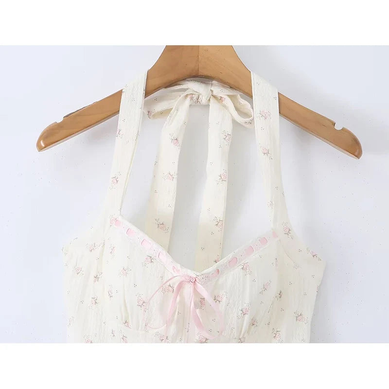 French Sweet Floral Halter Summer Mini Dresses Lace Trim A-Line Corset Party SunDresses
