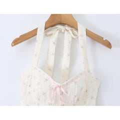 French Sweet Floral Halter Summer Mini Dresses Lace Trim A-Line Corset Party SunDresses