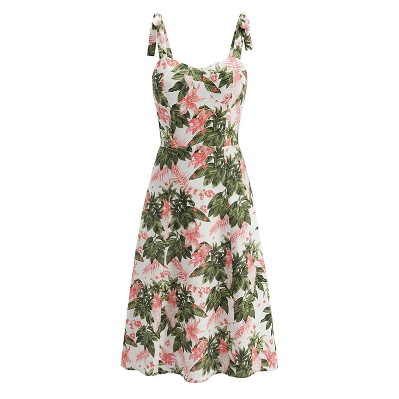 Holiday Summer Dresses French Floral Print Sexy Slim Fit A-line Midi Sleeveless Dress