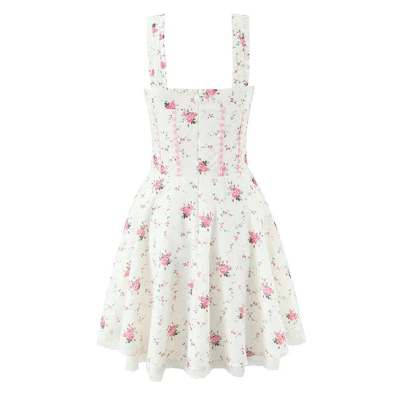 Sweet Floral Print Plaid Spliced Summer Mini Dresses