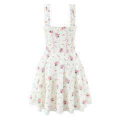 Sweet Floral Print Plaid Spliced Summer Mini Dresses