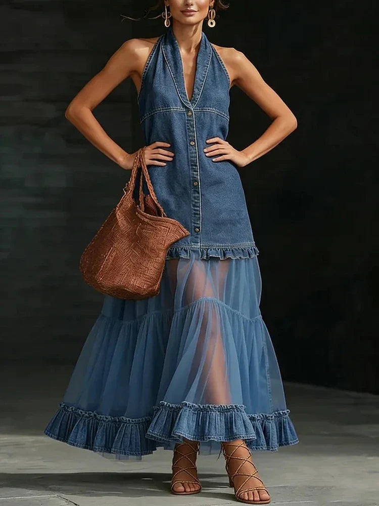 Vintage Denim V-neck Pleated Maxi Dresses