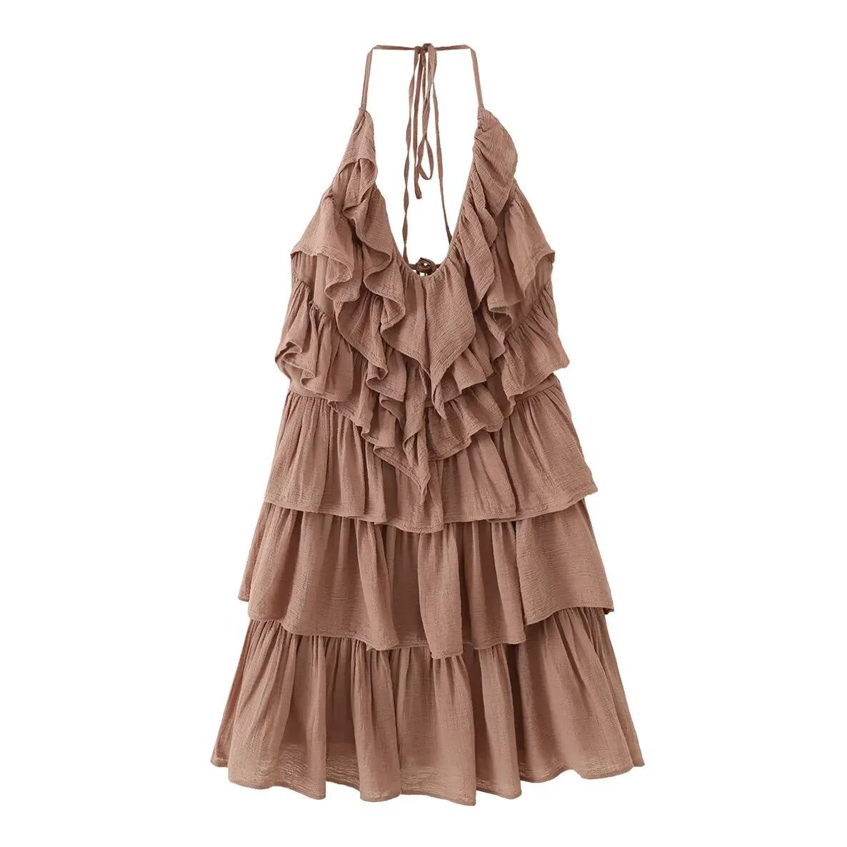 Brown Halter V-Neck Tiered Ruffle Mini Dresses