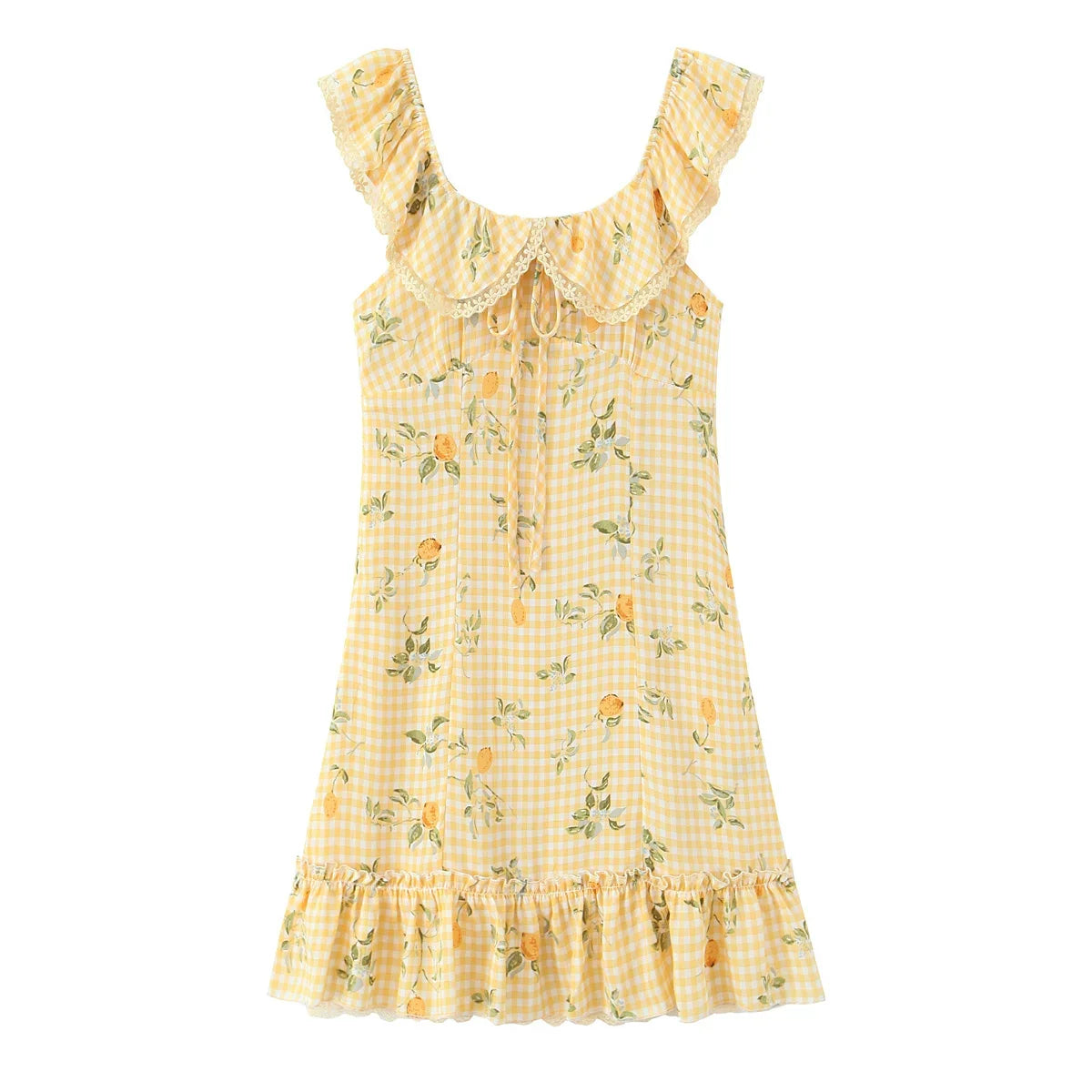Floral Print Plaid Yellow Summer Dresses