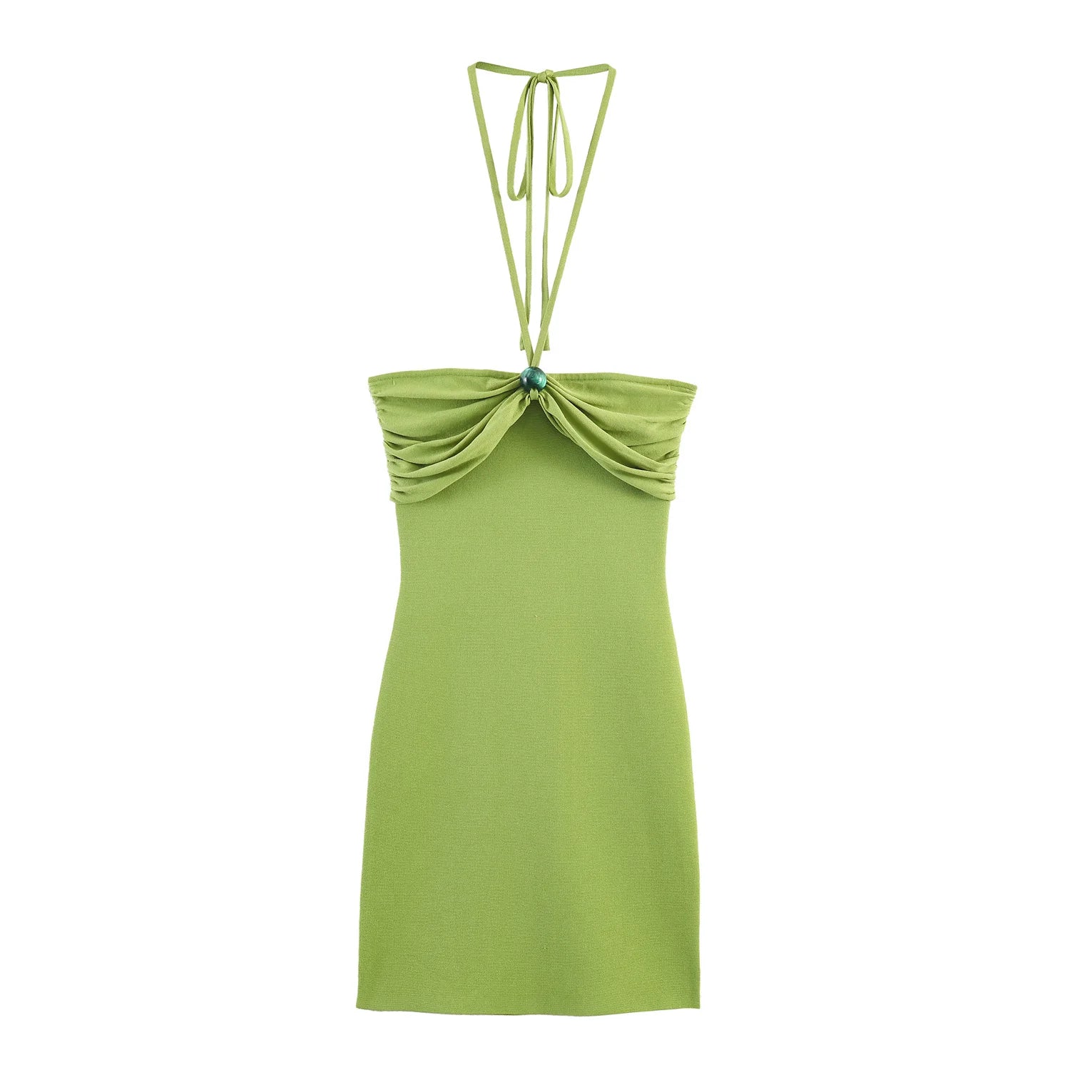 Green Halter Ruched Bodycon Mini Knit Dresses