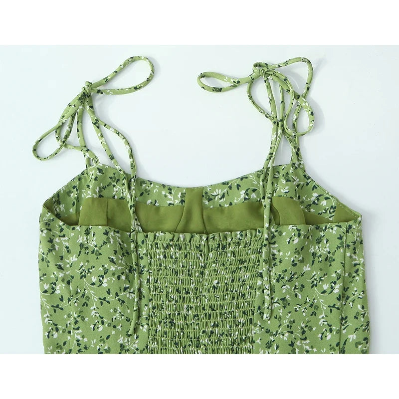 Sexy Spaghetti Straps Green Floral Print Dresses