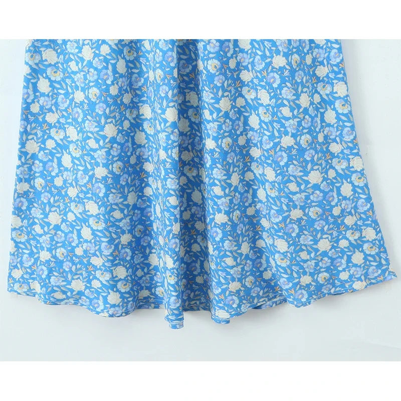 Lace Trim Blue Floral Print Elegant Summer Long Dresses