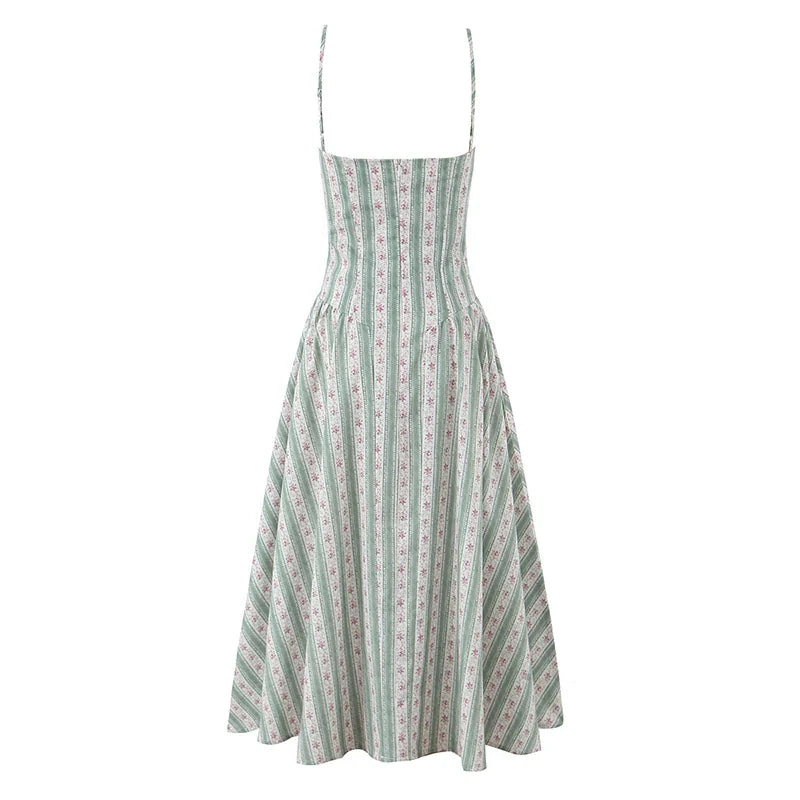 Green Striped Floral Print Sexy Spaghetti Straps Dresses Elegant A-line Midi Vacation Party Dresses Summer Robe