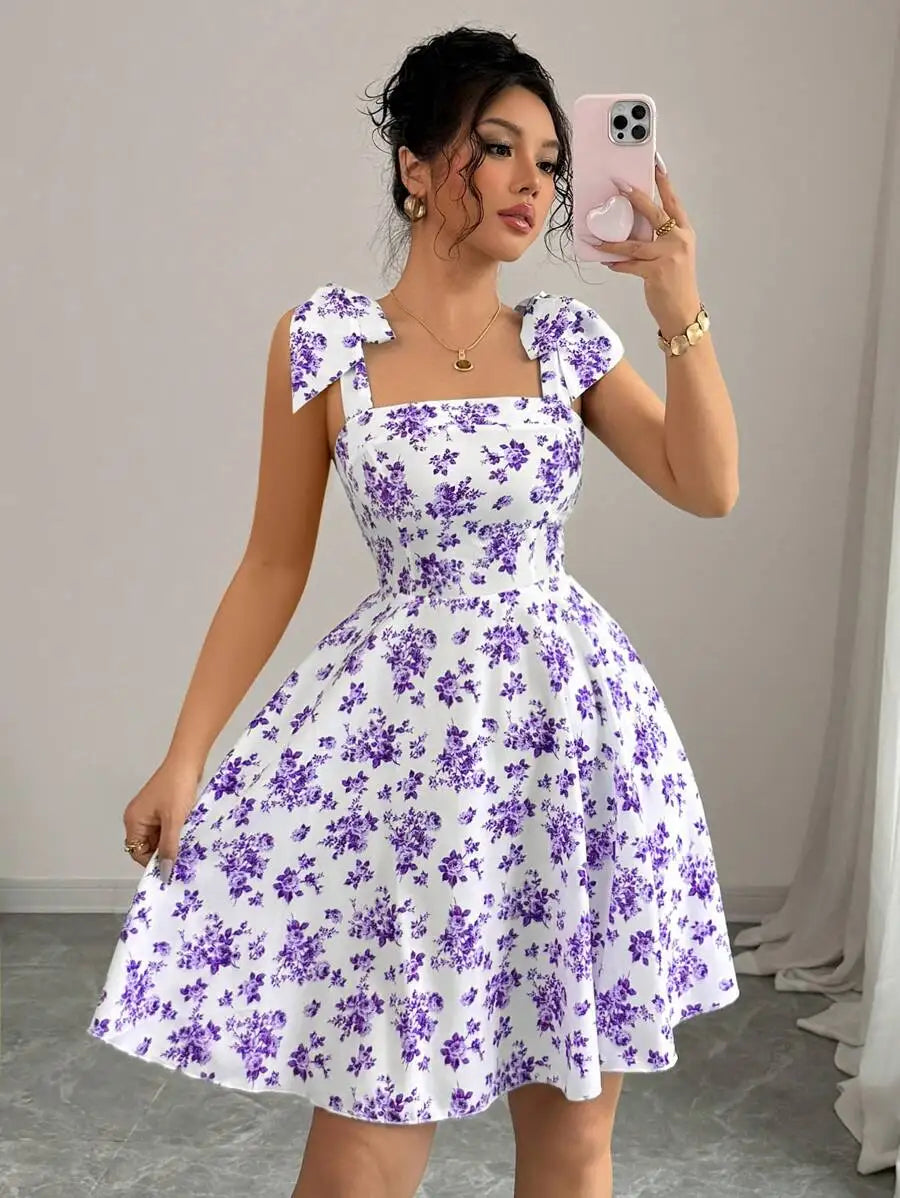 Ditsy Floral Shoulder Tie Bow Waisted A-Line Dresses