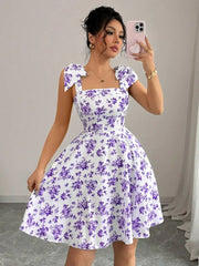Ditsy Floral Shoulder Tie Bow Waisted A-Line Dresses
