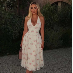 Summer Floral Print Halter Midi Dresses