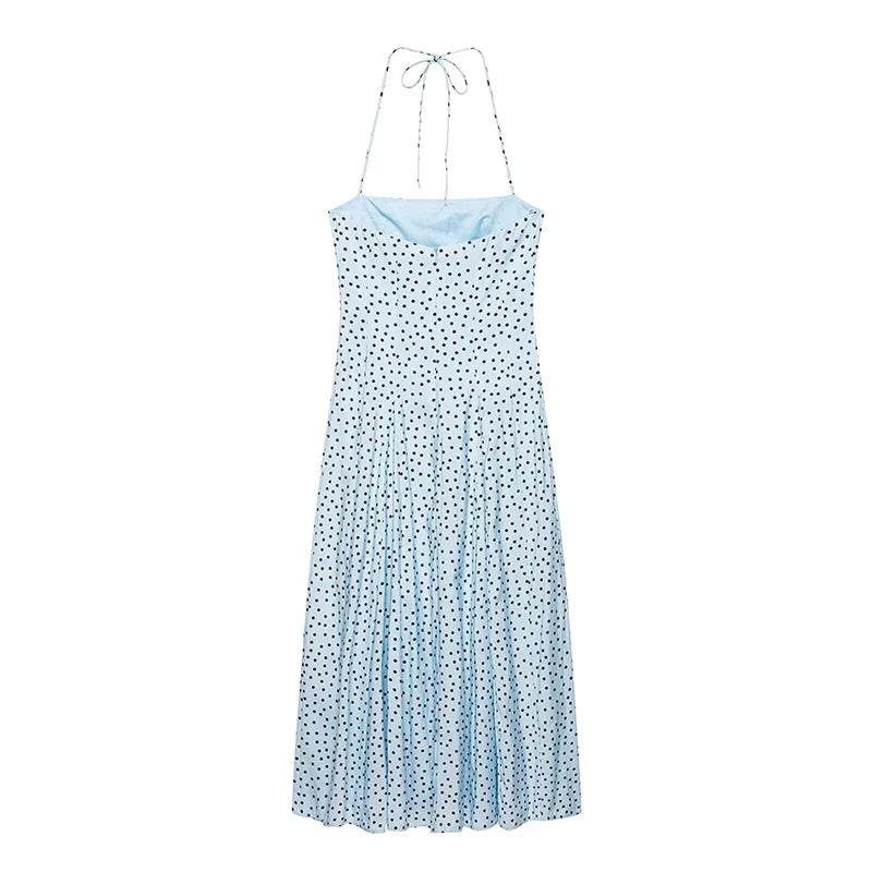 Light Blue Polka Dot Halter Midi Dresses