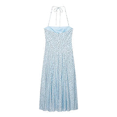 Light Blue Polka Dot Halter Midi Dresses