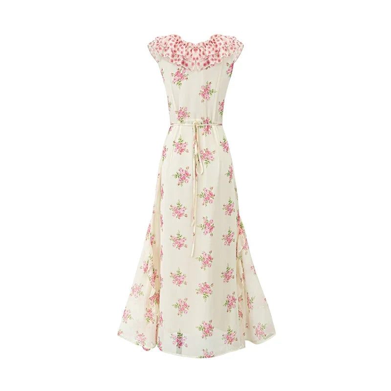 Floral Ruffle V Neck Maxi Dresses