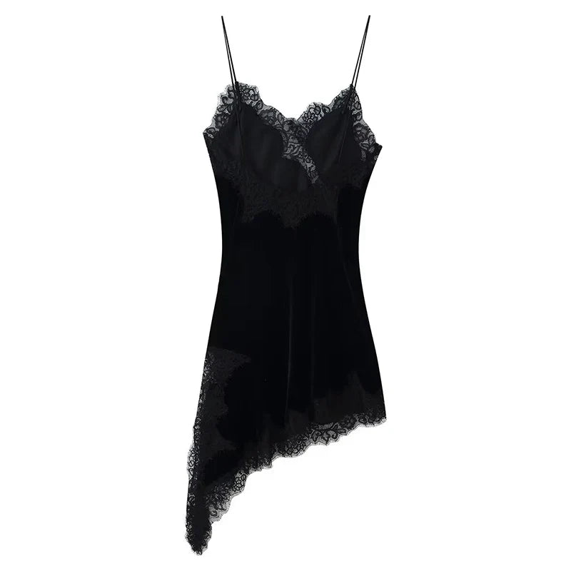 Thin Straps V Neck Lace Trim Velvet Mini Dresses Asymmetrical Sexy Vestidos