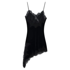 Thin Straps V Neck Lace Trim Velvet Mini Dresses Asymmetrical Sexy Vestidos
