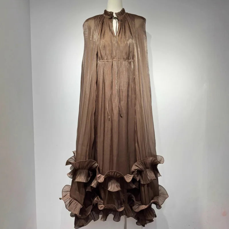 French Style V-neck Fungus Edge Double-layer Hem Long Dresses For Autumn Ladies Party Evening Clothing