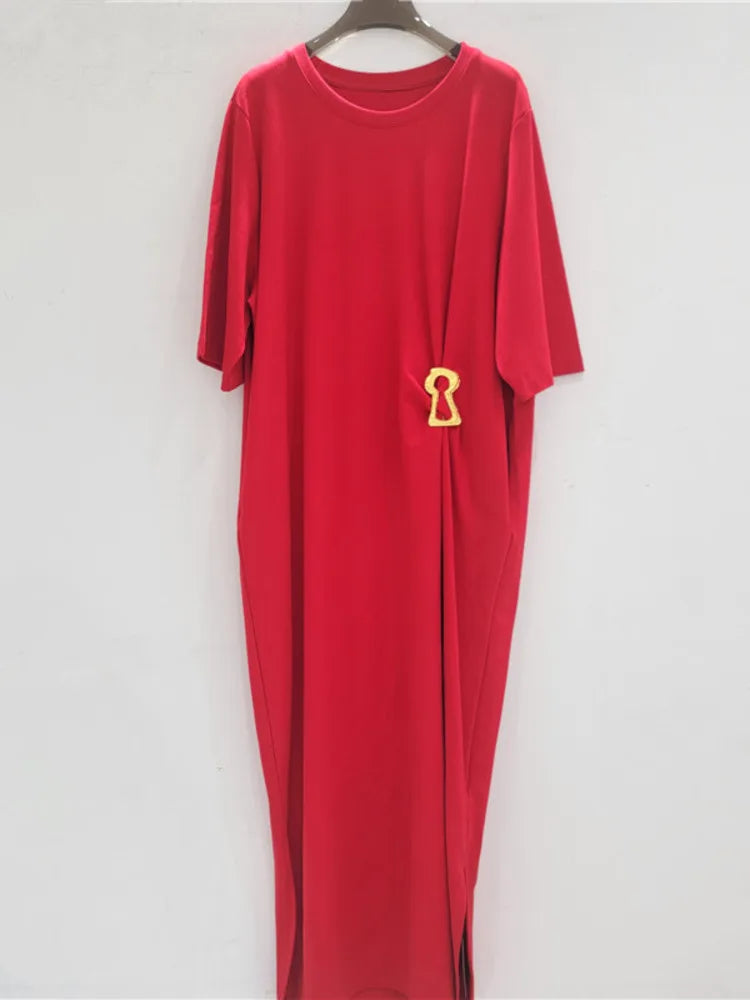 French Style Niche Metal Buckle Design Pleated Waist Short Sleeves Loose Casual Solid Color Dresses Summer