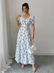 Summer Elegant Casual Puff Sleeve Square Neck White & Blue Floral Print Maxi Dresses