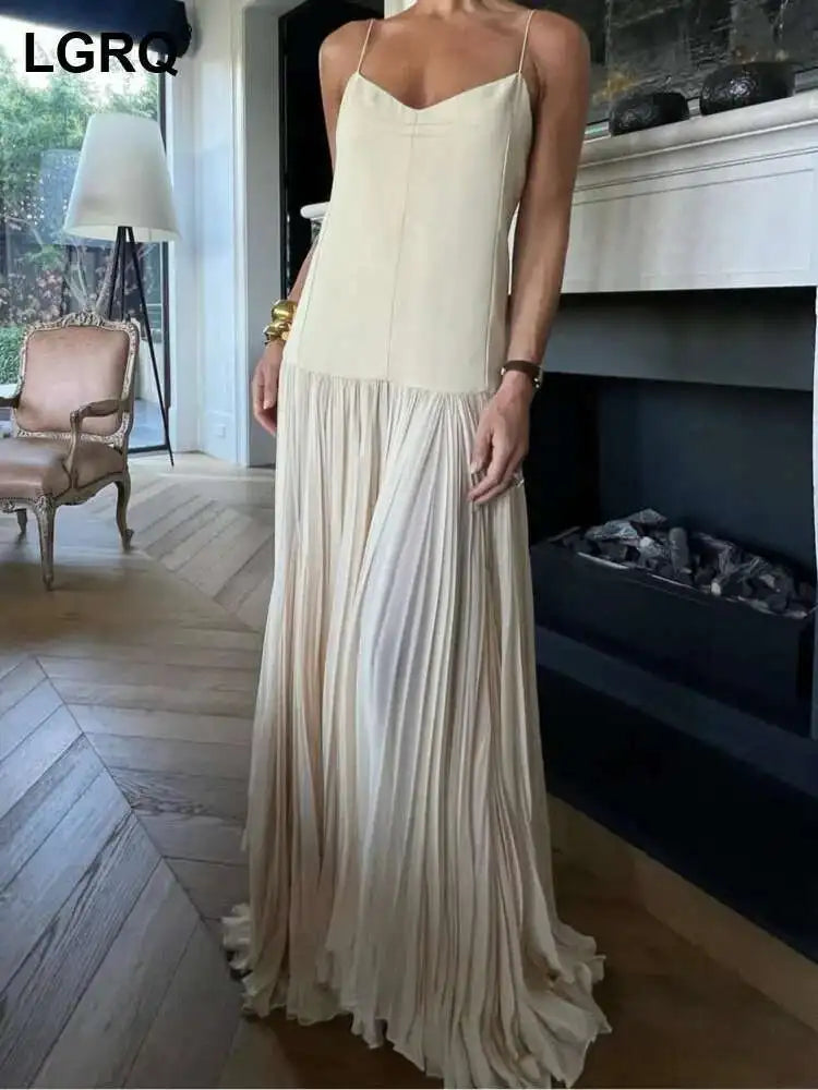 French style pleated high-end long dress, spicy girl vacation style dress, suspender, backless fairy dress