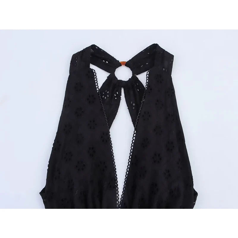 Summer Black Hollow Out Embroidery Halter Cutout Maxi Dresses