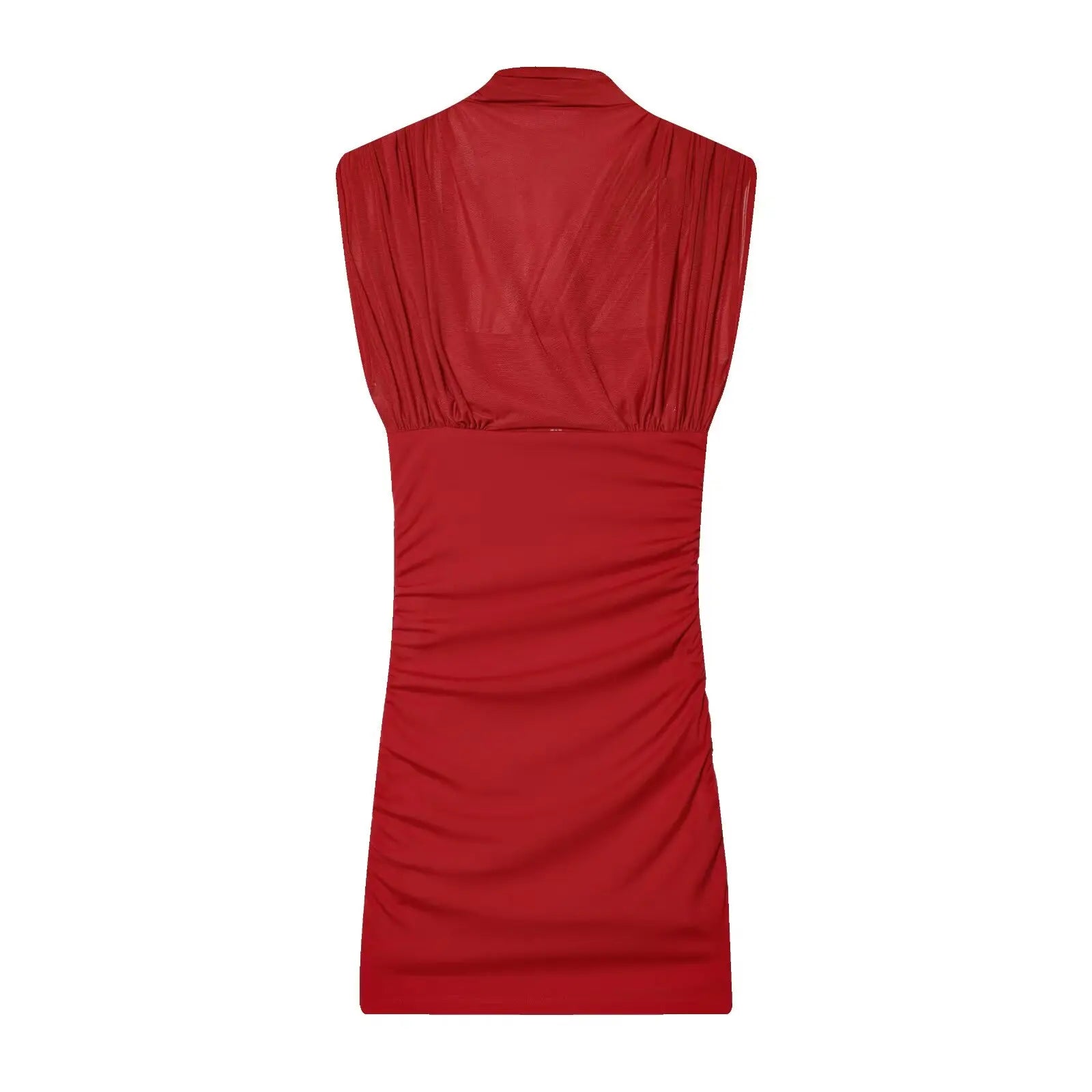 High-Neck Sleeveless Ruched Sheer Red Mini Dresses