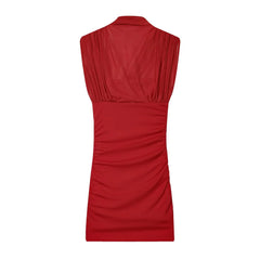 High-Neck Sleeveless Ruched Sheer Red Mini Dresses
