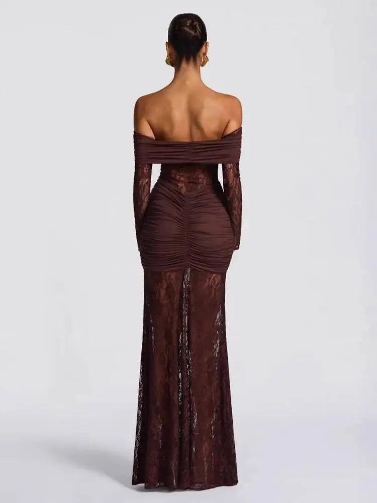 Fashionable Slash Neck Long Sleeved Hollow Lace Patchwork Hip Hugging Dresses