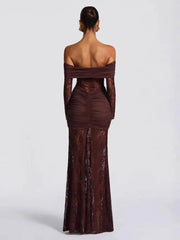 Fashionable Slash Neck Long Sleeved Hollow Lace Patchwork Hip Hugging Dresses