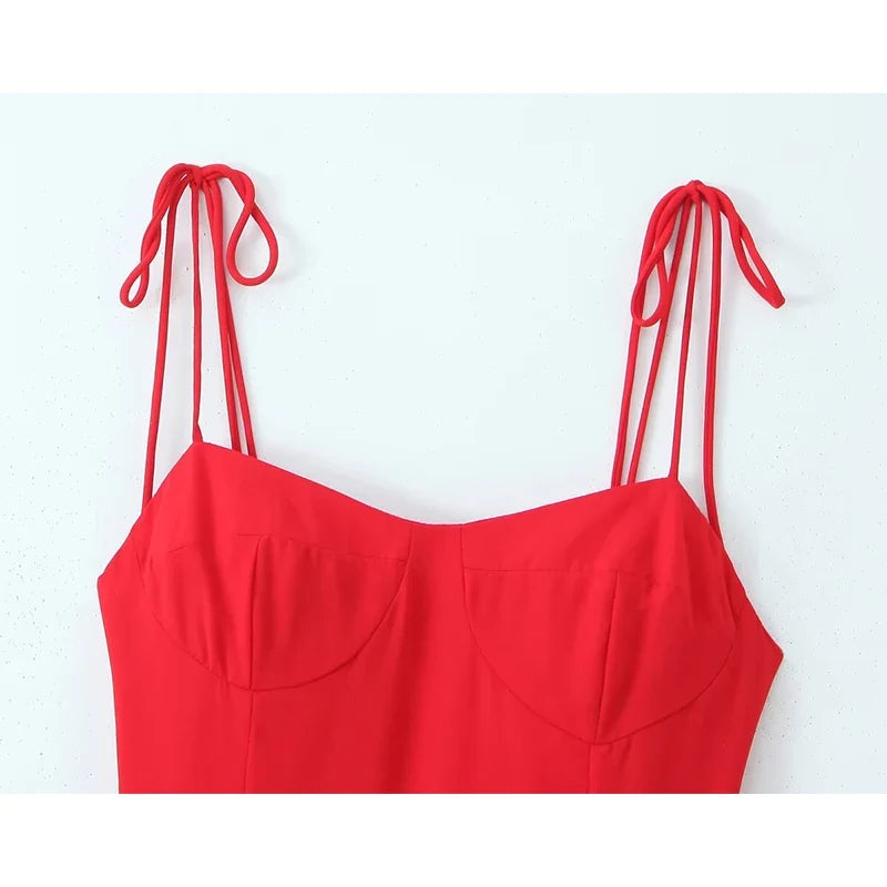 French Style Retro Red Sling Midi Long Dresses Sexy Backless V Neck A-line Holiday Summer Dresses Party Robe