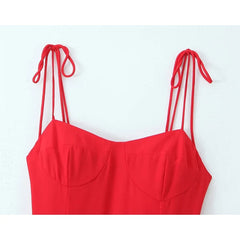 French Style Retro Red Sling Midi Long Dresses Sexy Backless V Neck A-line Holiday Summer Dresses Party Robe