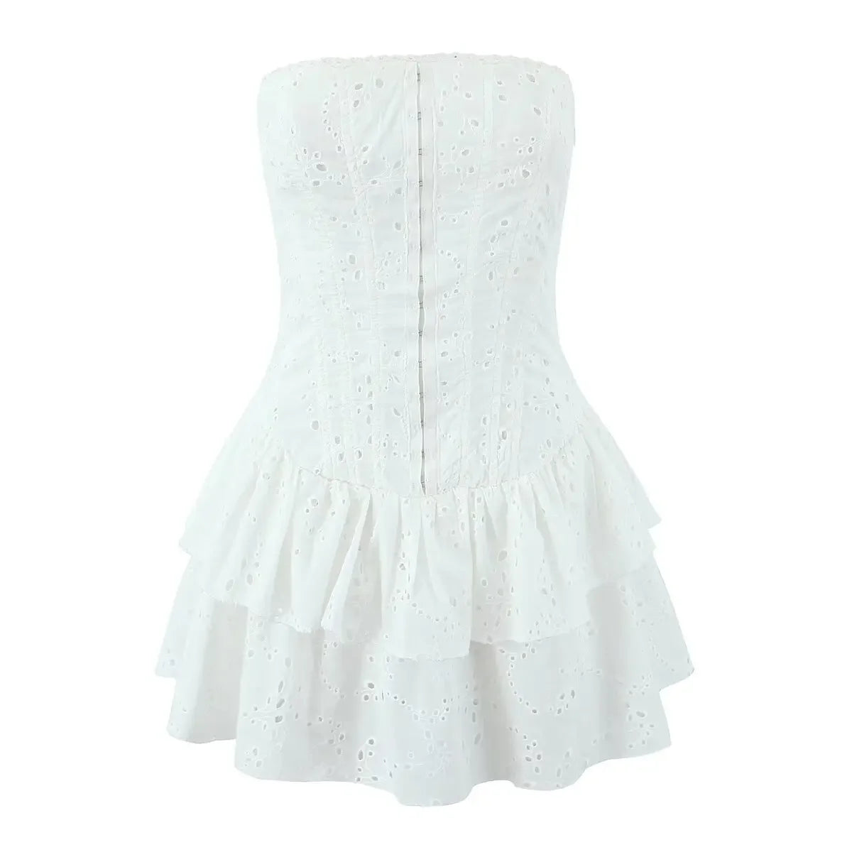 Sexy Hollow Out Embroidery Strapless Dresses Front Buckle Fit And Flare Party Mini Dresses Black White Cotton Robe