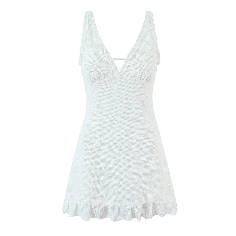 Floral Embroidery Mesh White Tank Dresses