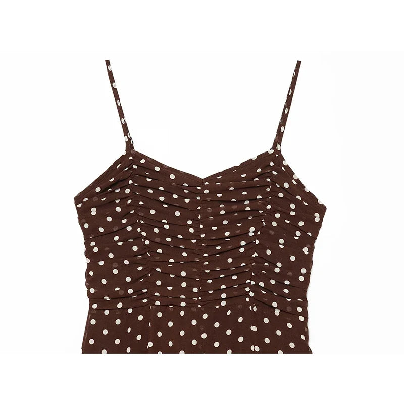 Summer Brown Polka Dot Spaghetti Strap Ruched Front Chiffon Midi Dresses