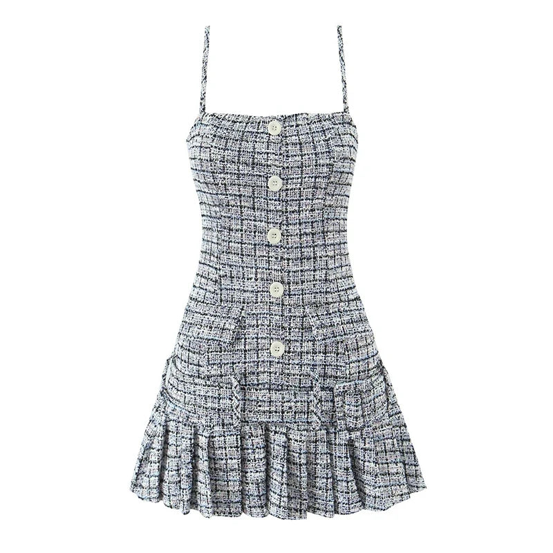 Vintage Plaid Front Button With Belt Pleated Hem Knit Sling Mini Dresses Sexy Robe