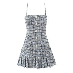 Vintage Plaid Front Button With Belt Pleated Hem Knit Sling Mini Dresses Sexy Robe