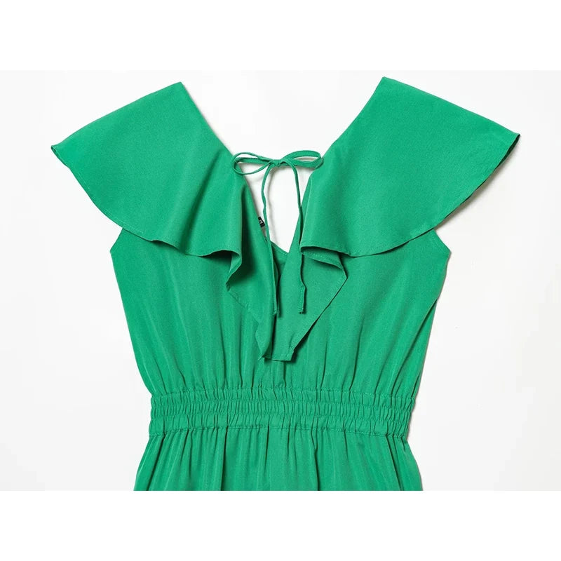 Ruffle V Neck Green Short Jumpsuit Holiday Casual Summer Romper