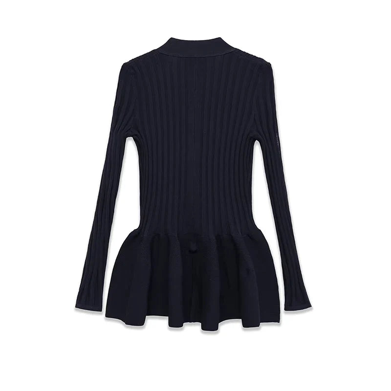 Spring Front Button Bud Navy Blue Knit Mini Dresses Long Sleeve V Neck Chic Outfits
