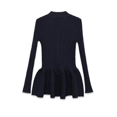 Spring Front Button Bud Navy Blue Knit Mini Dresses Long Sleeve V Neck Chic Outfits
