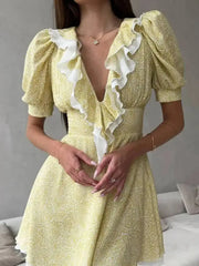 Sweet Printed Ruffled V-neck Bubble Sleeve Waist Cinched Mini A-line Dresses