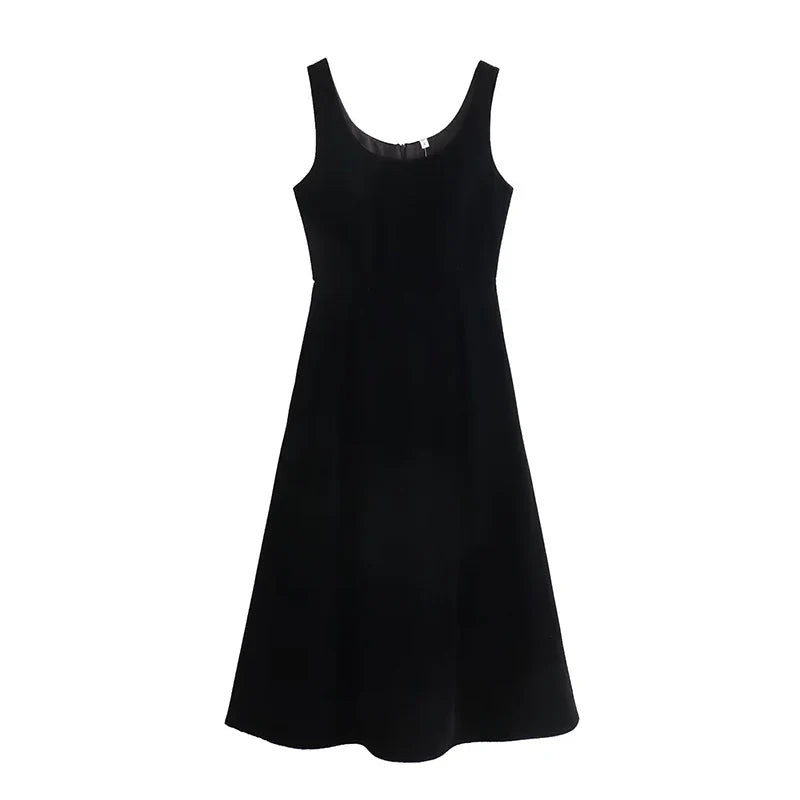 Black O Neck Sleeveless A-line Midi Tank Velvet Dresses High Quality Elegant Vestidos